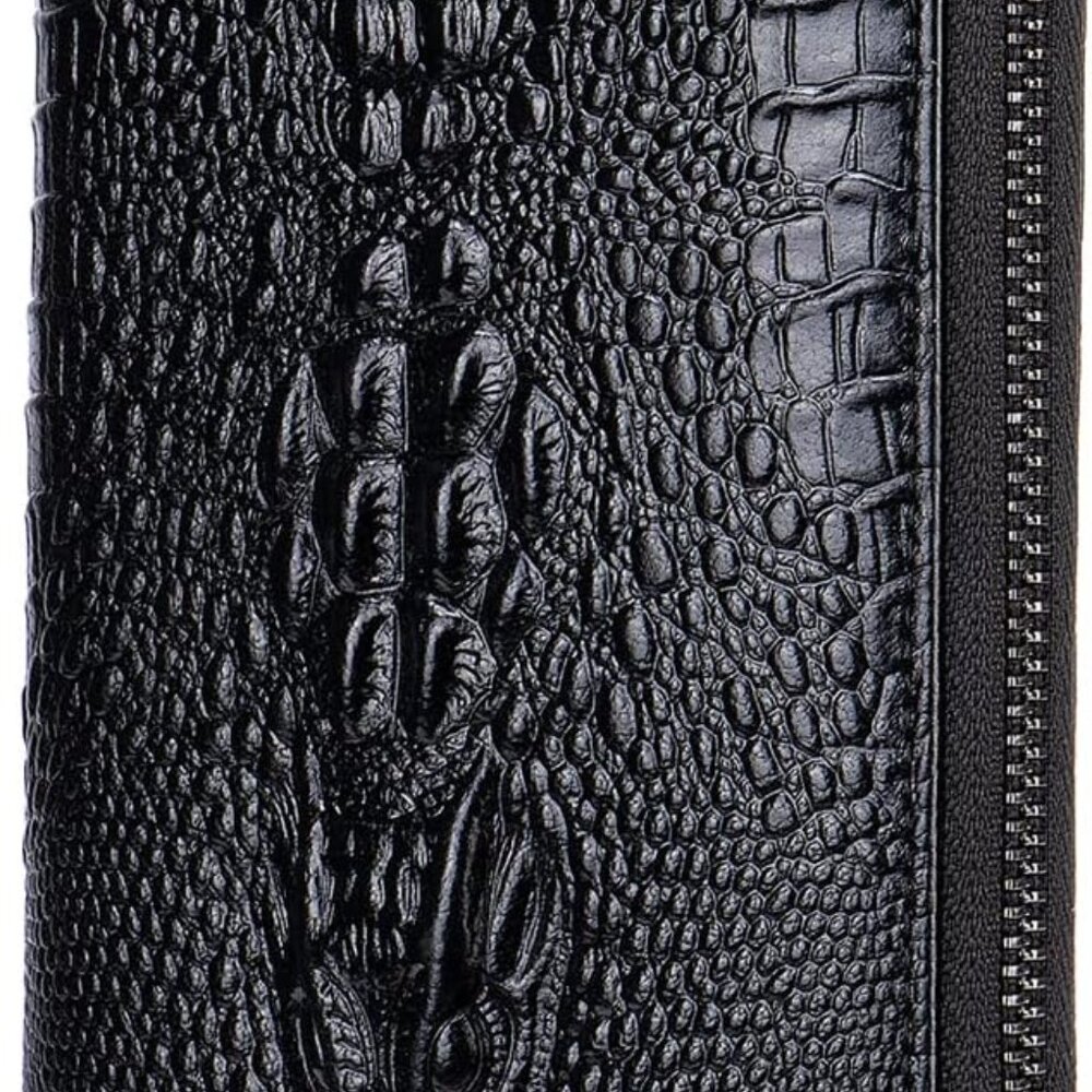 Alligator Crocodile Zip Around Wallet Clutch Wristlet Black Vegan Leather - Picture 4 of 8